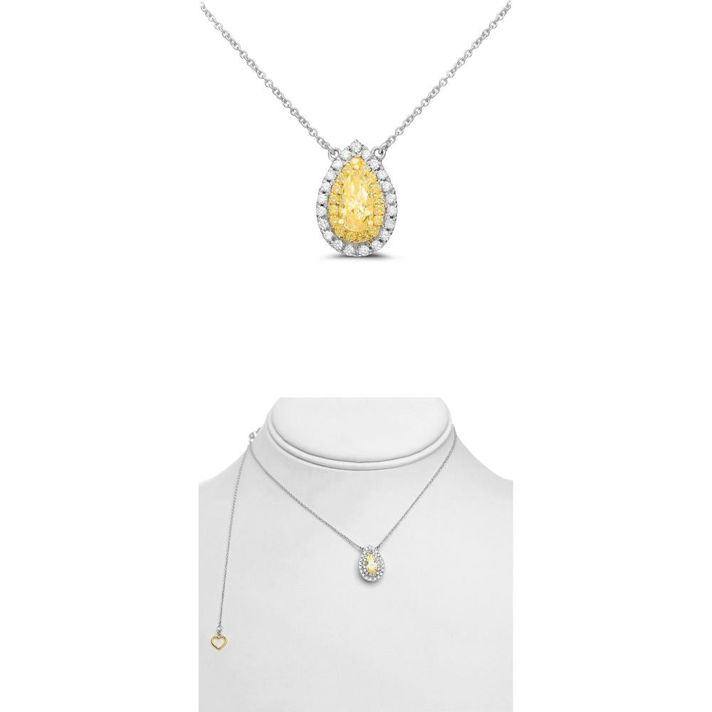 Roman & Jules - 18K White and Yellow Gold Fancy Yellow Pear Shaped Diamond Necklace with Round Diamond Halo - 1.14 Carat Total Diamond Weight