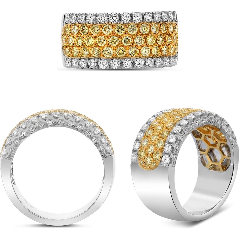 Roman & Jules - 18K White and Yellow Gold Five-Row Diamond Band with Round Brilliant and Fancy Yellow Diamonds - 1.59 Carat Total Diamond Weight