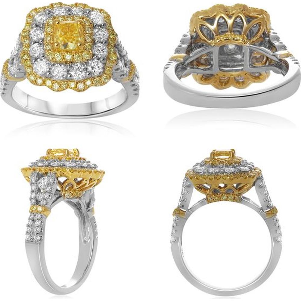 Roman & Jules - 18K White and Yellow Gold Flowering Cushion Cut Diamond Ring with Fancy Yellow Diamond - 1.83 Carat Total Diamond Weight