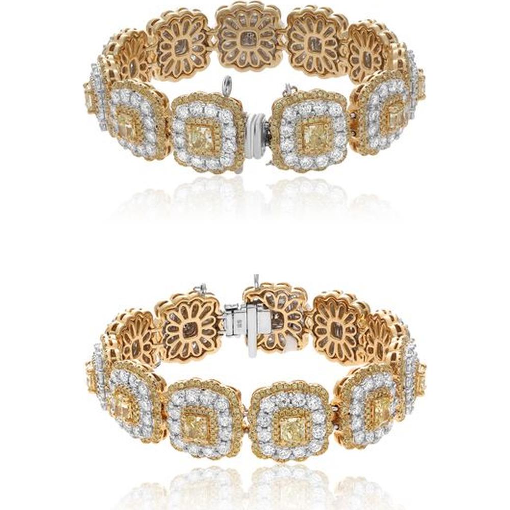 Roman & Jules - 18K White and Yellow Gold Flowering Halo Diamond Bracelet with Fancy Yellow Diamonds - 12.39 Carat Total Diamond Weight