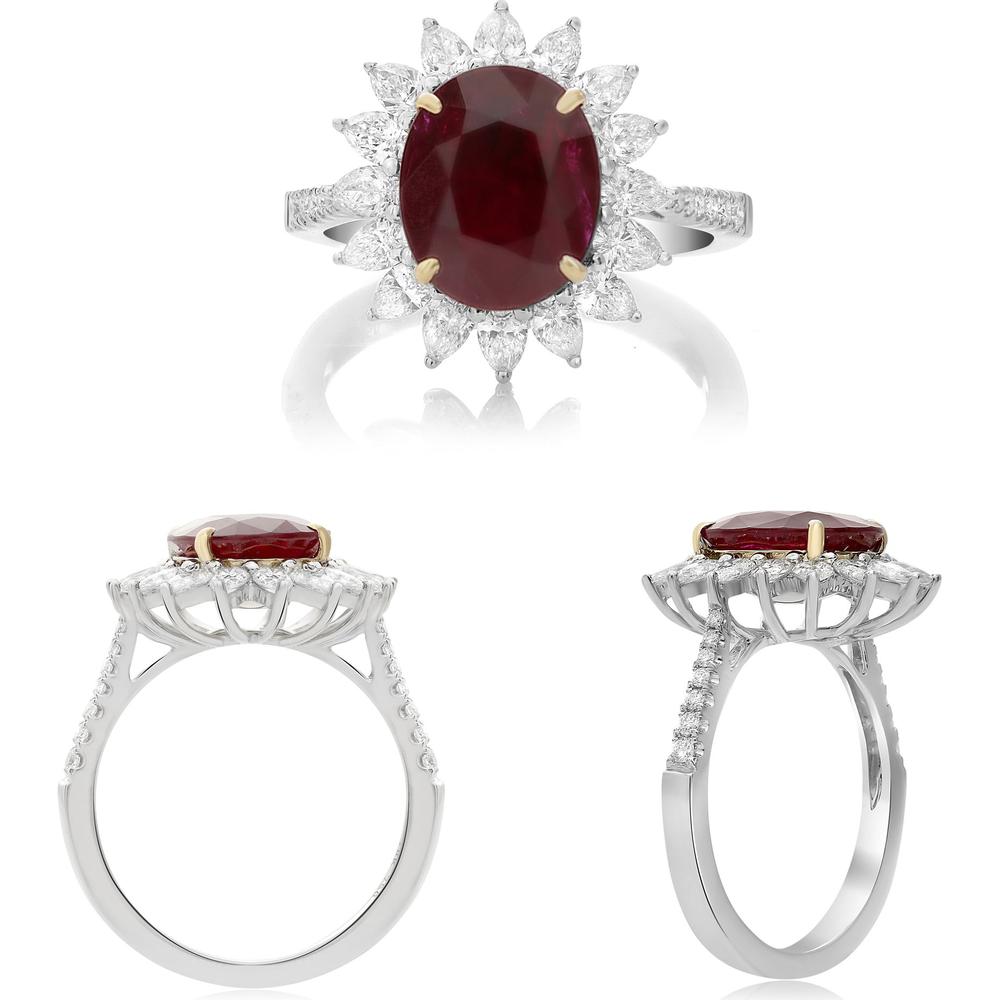 Roman & Jules - 18K White and Yellow Gold Flowering Ruby and Diamond Halo Ring with 3.45 Carat GIA Certified Ruby and Round Diamonds