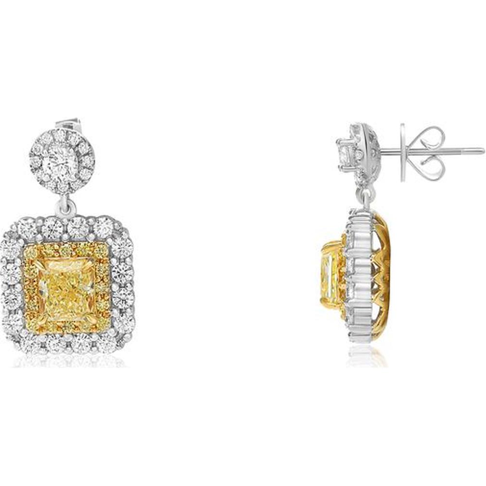 Roman & Jules - 18K White and Yellow Gold Halo Earrings with Fancy Yellow and White Diamonds - 1.46 Carat Total Diamond Weight