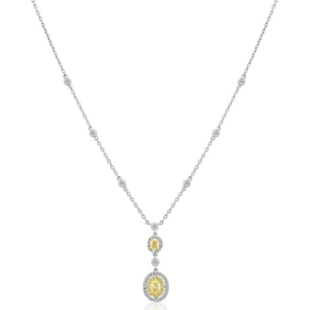 Roman & Jules - 18K White and Yellow Gold Halo Necklace with Oval Fancy Yellow Diamonds and Round White Diamonds - 0.34 Carat Total Yellow Diamond Weight, 0.69 Carat Total White Diamond Weight
