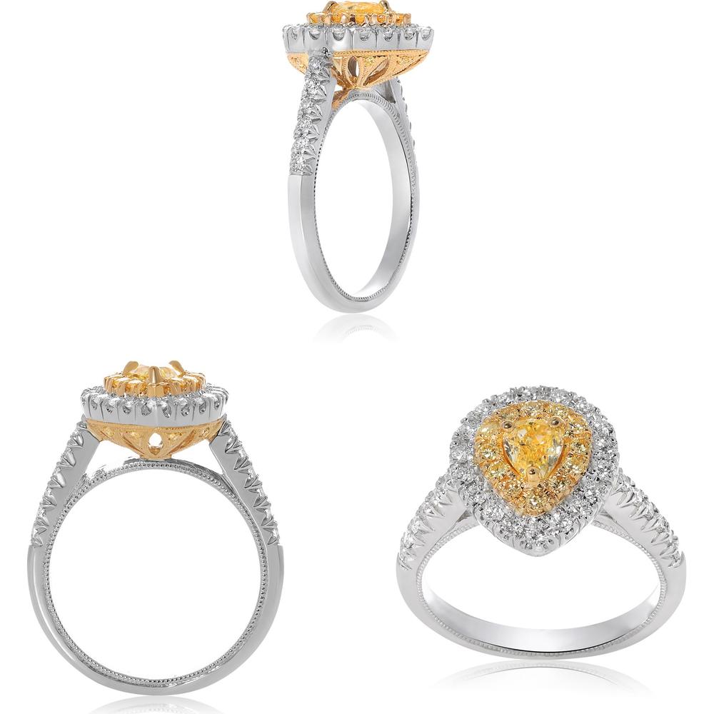 Roman & Jules - 18K White & Yellow Gold Halo Ring with 0.83 Carat Pear-Shaped Fancy Yellow Diamond and Round Diamond Accents