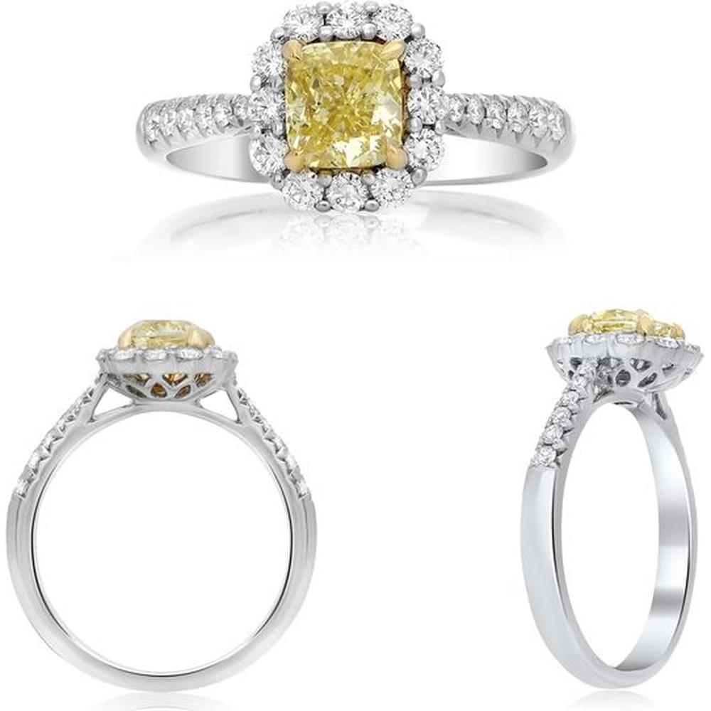 Roman & Jules - 18K White and Yellow Gold Halo Ring with 1.02 Carat Radiant Fancy Yellow Diamond Center and Round Diamonds - 1.42 Carat Total Diamond Weight