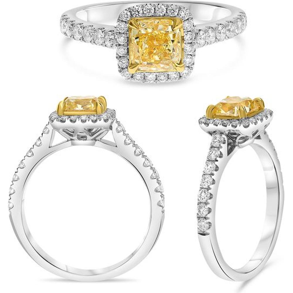 Roman & Jules - 18K White and Yellow Gold Halo Ring with 1.19 Carat Fancy Yellow Diamond and White Diamond Accents