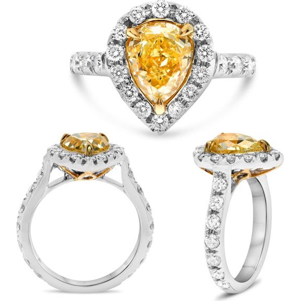 Roman & Jules - 18K White & Yellow Gold Halo Ring with 2.14 Carat Pear-Shaped Fancy Yellow Diamond and 1.00 Carat Round White Diamonds