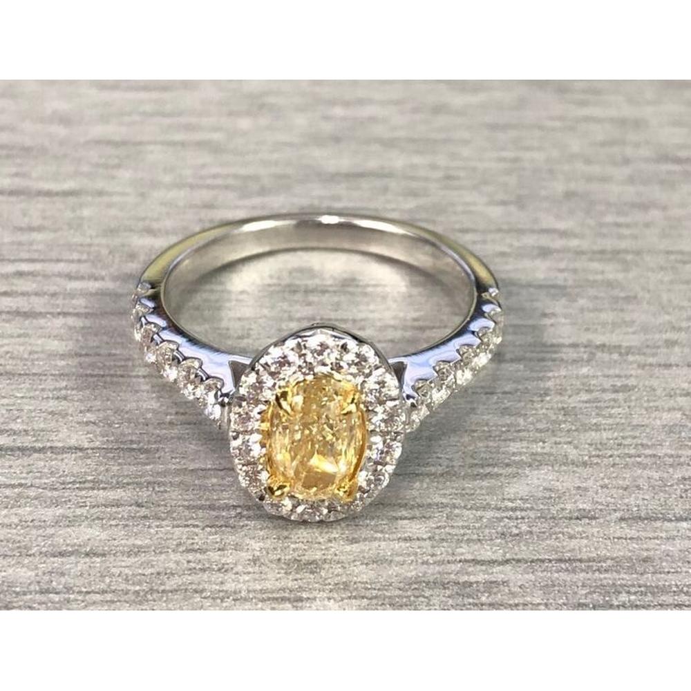 Roman & Jules - 18K White and Yellow Gold Halo Ring with 2.38 Carat Fancy Yellow Oval Diamond and 0.58 Carat Round Brilliant Diamond Accent