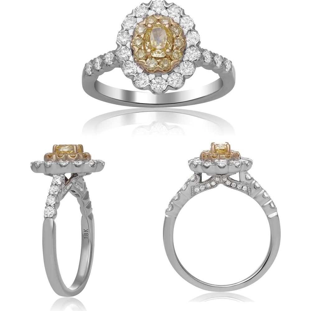 Roman & Jules - 18K White and Yellow Gold Halo Ring with Fancy Yellow Oval Diamond and Round Diamonds - 1.25 Carat Total Diamond Weight
