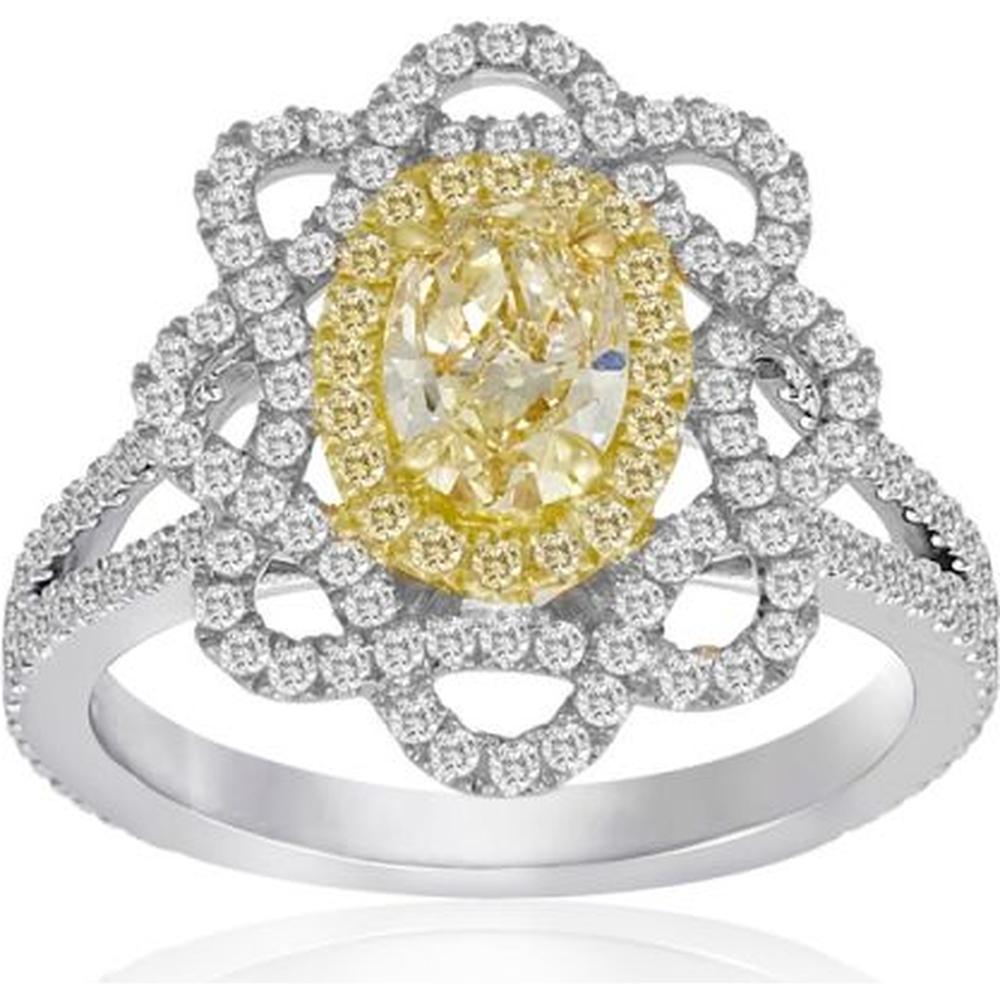 Roman & Jules - 18K White and Yellow Gold Halo Ring with Oval Fancy Yellow Diamond and Round Diamonds - 1.02 Carat Total Diamond Weight