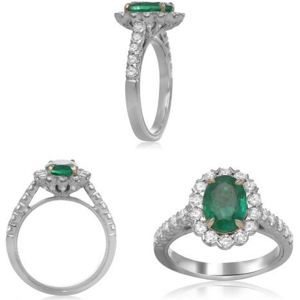 Roman & Jules - 18K White and Yellow Gold Halo Ring with Oval GIA-Certified Emerald and Round Diamonds - 1.38 Carat Total Gem Weight