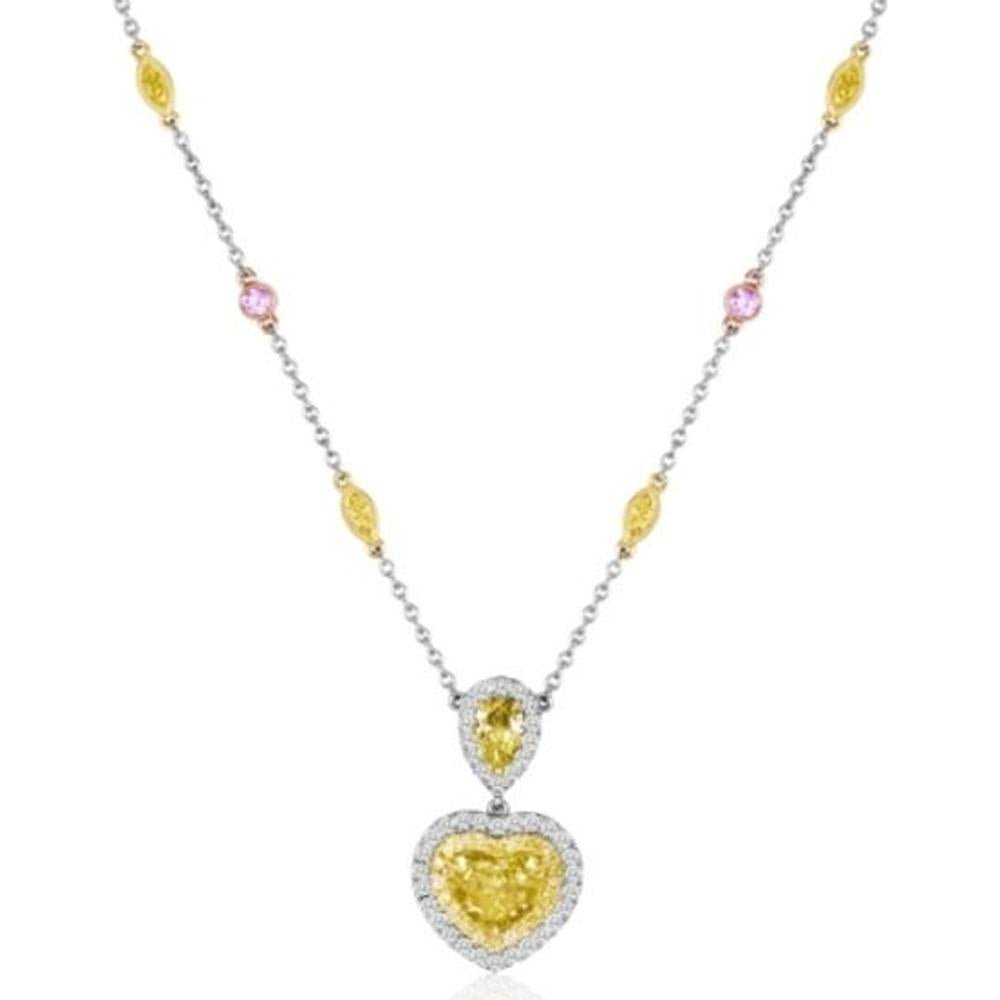 Roman & Jules - 18K White and Yellow Gold Heart Shape Fancy Yellow Diamond Necklace with Pink Diamond Accents - 2.13 Carat Total Diamond Weight