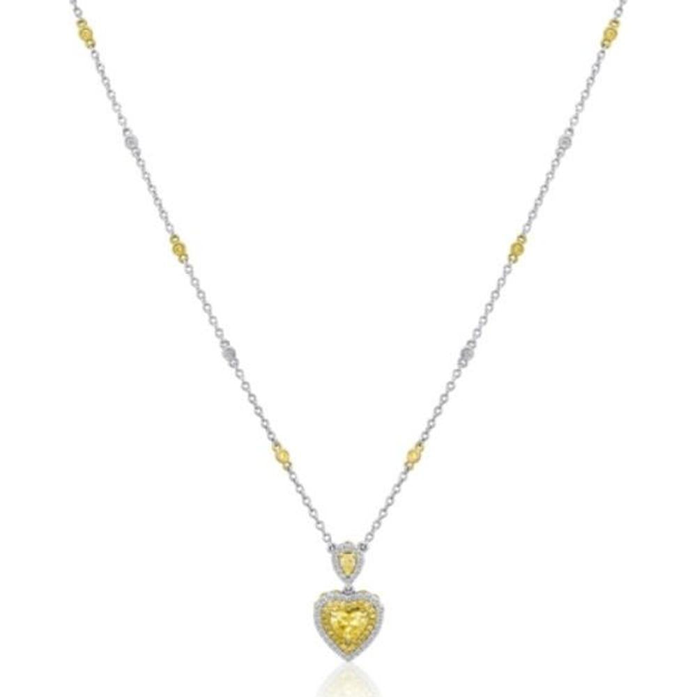 Roman & Jules - 18K White and Yellow Gold Heart Shape Fancy Yellow Diamond Necklace with Round Diamond Halo - 1.08 Carat Total Diamond Weight