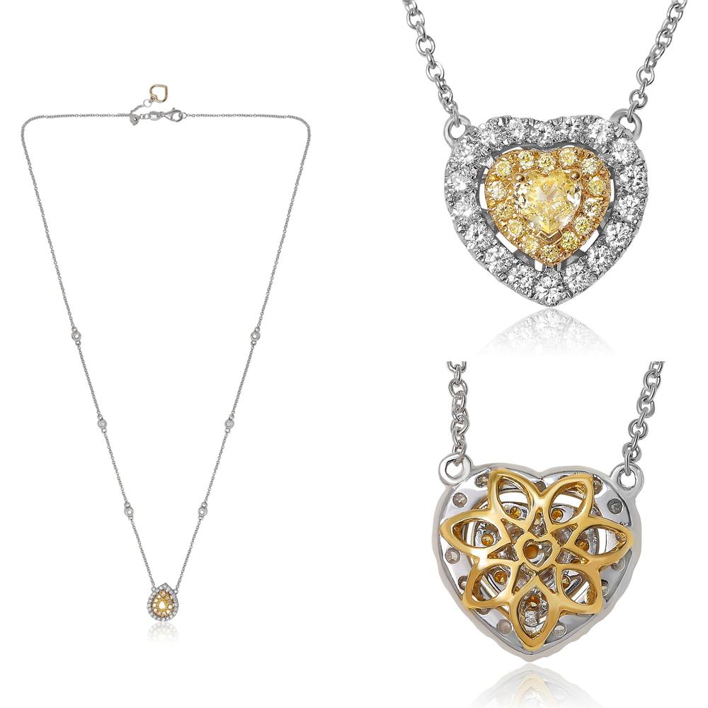 Roman & Jules - 18K White and Yellow Gold Heart Shape Fancy Yellow Diamond Necklace with Round Diamonds - 0.36 Carat Total Diamond Weight