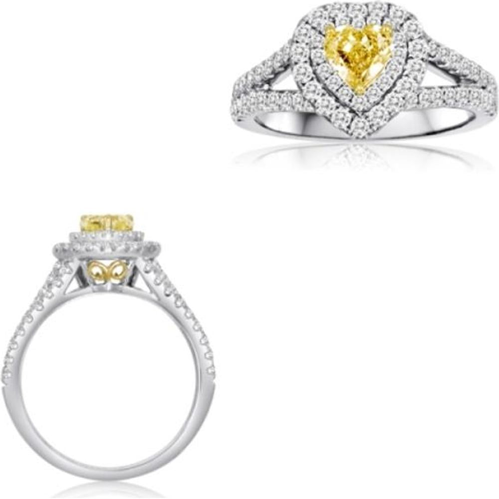 Roman & Jules - 18K White and Yellow Gold Heart Shape Fancy Yellow Diamond Ring with Round Diamond Halo - 0.79 Carat Total Diamond Weight