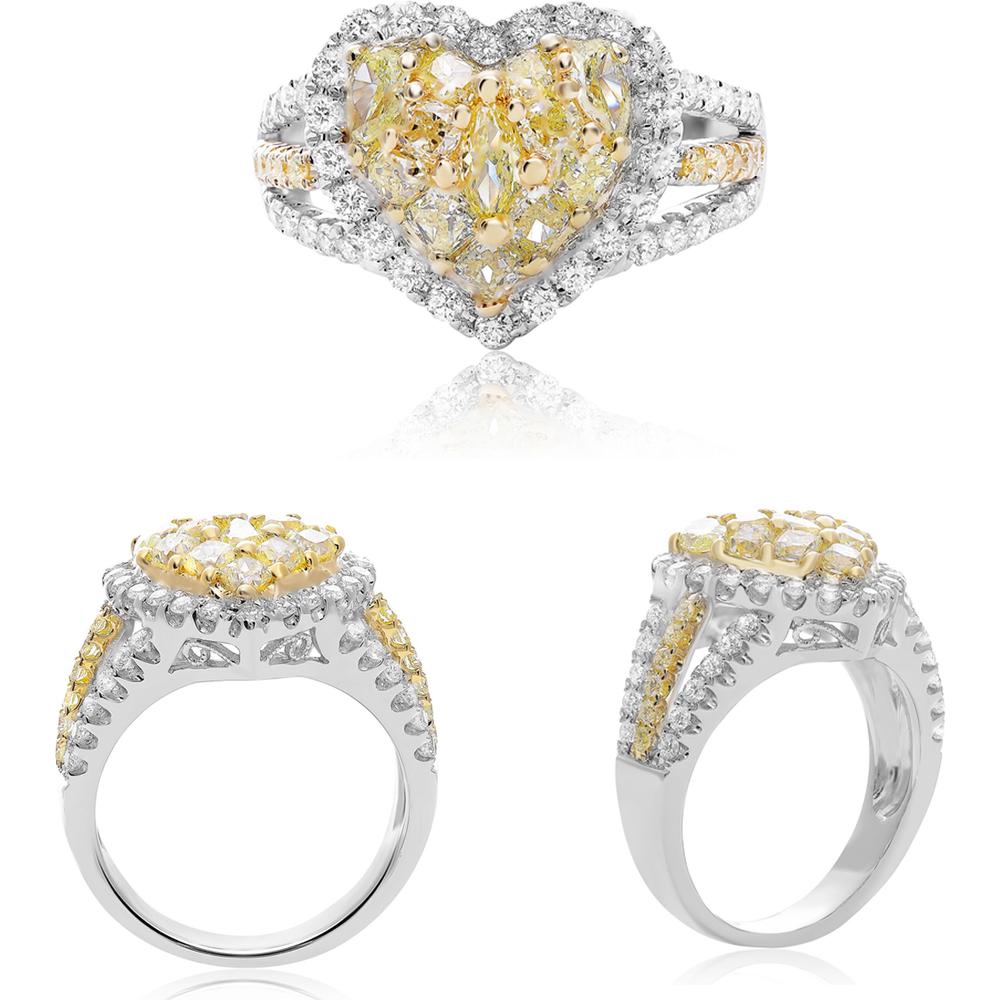 Roman & Jules - 18K White & Yellow Gold Heart Shape Fancy Yellow Diamond Ring with Round, Pear, and Radiant Cut Diamonds - 1.61 Carat Total Diamond Weight