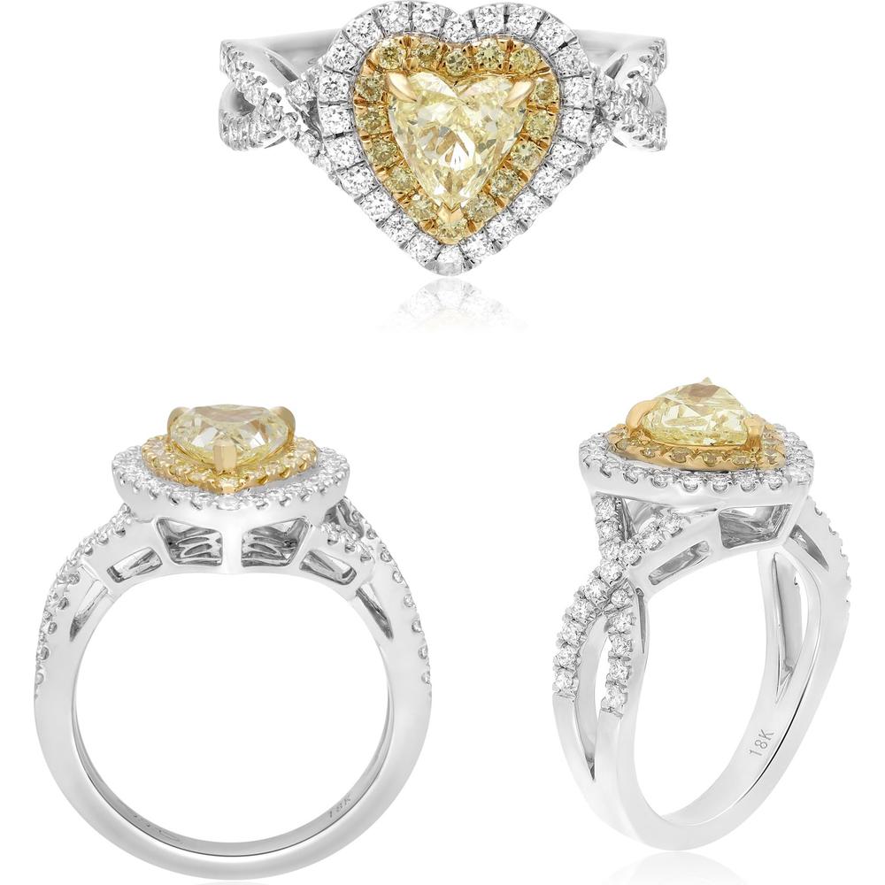 Roman & Jules - 18K White and Yellow Gold Heart-Shaped Fancy Yellow Diamond Ring with Diamond Halo - 0.69 Carat Total Diamond Weight