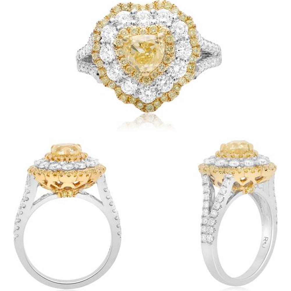 Roman & Jules - 18K White and Yellow Gold Heart-Shaped Fancy Yellow Diamond Ring with Diamond Halo - 1.30 Carat Total Diamond Weight