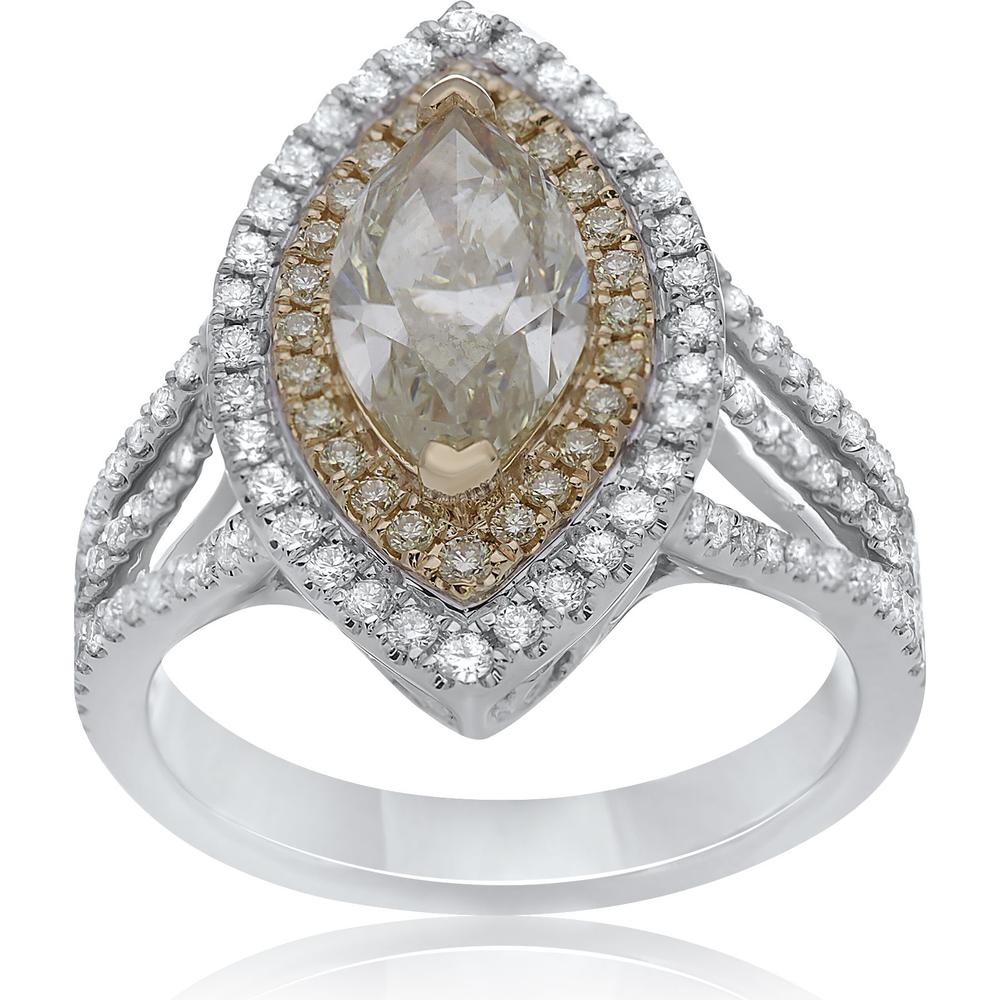 Roman & Jules - 18K White and Yellow Gold Marquise Cut Fancy Yellow Diamond Ring with Round Diamond Halo - 1.68 Carat Total Diamond Weight