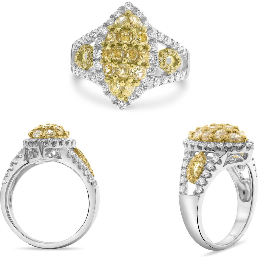 Roman & Jules - 18K White and Yellow Gold Marquise Fancy Yellow Diamond Cluster Ring with Radiant and Oval Cut Diamonds - 1.61 Carat Total Diamond Weight