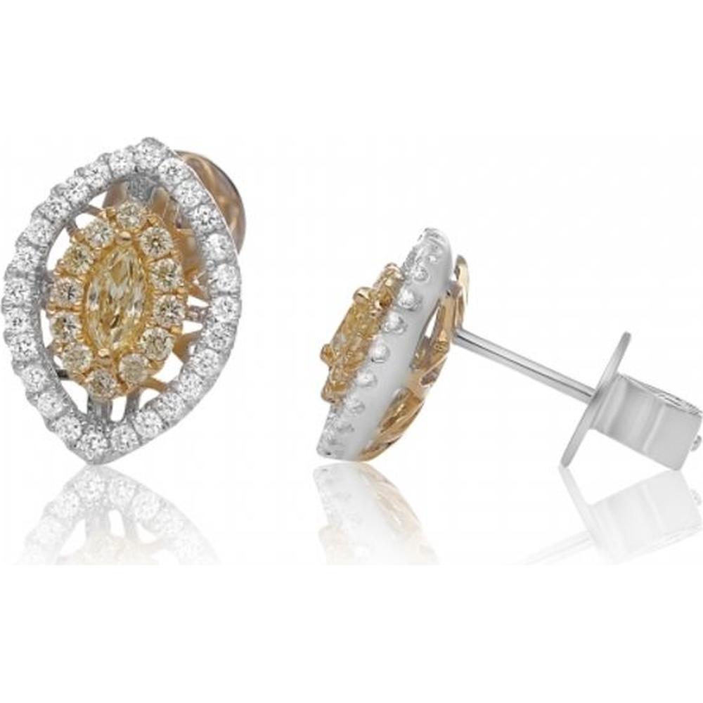 Roman & Jules - 18K White and Yellow Gold Marquise Fancy Yellow Diamond Stud Earrings with Round Diamonds - 0.34 Carat Total Diamond Weight