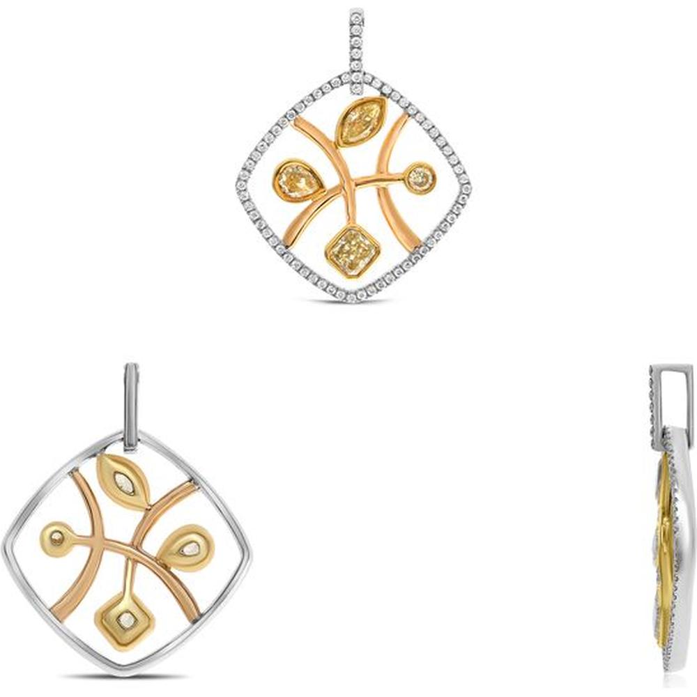 Roman & Jules - 18K White and Yellow Gold Mixed Shape Fancy Yellow Diamond Pendant with 0.25 Carat Round Diamond and Fancy Yellow Diamonds