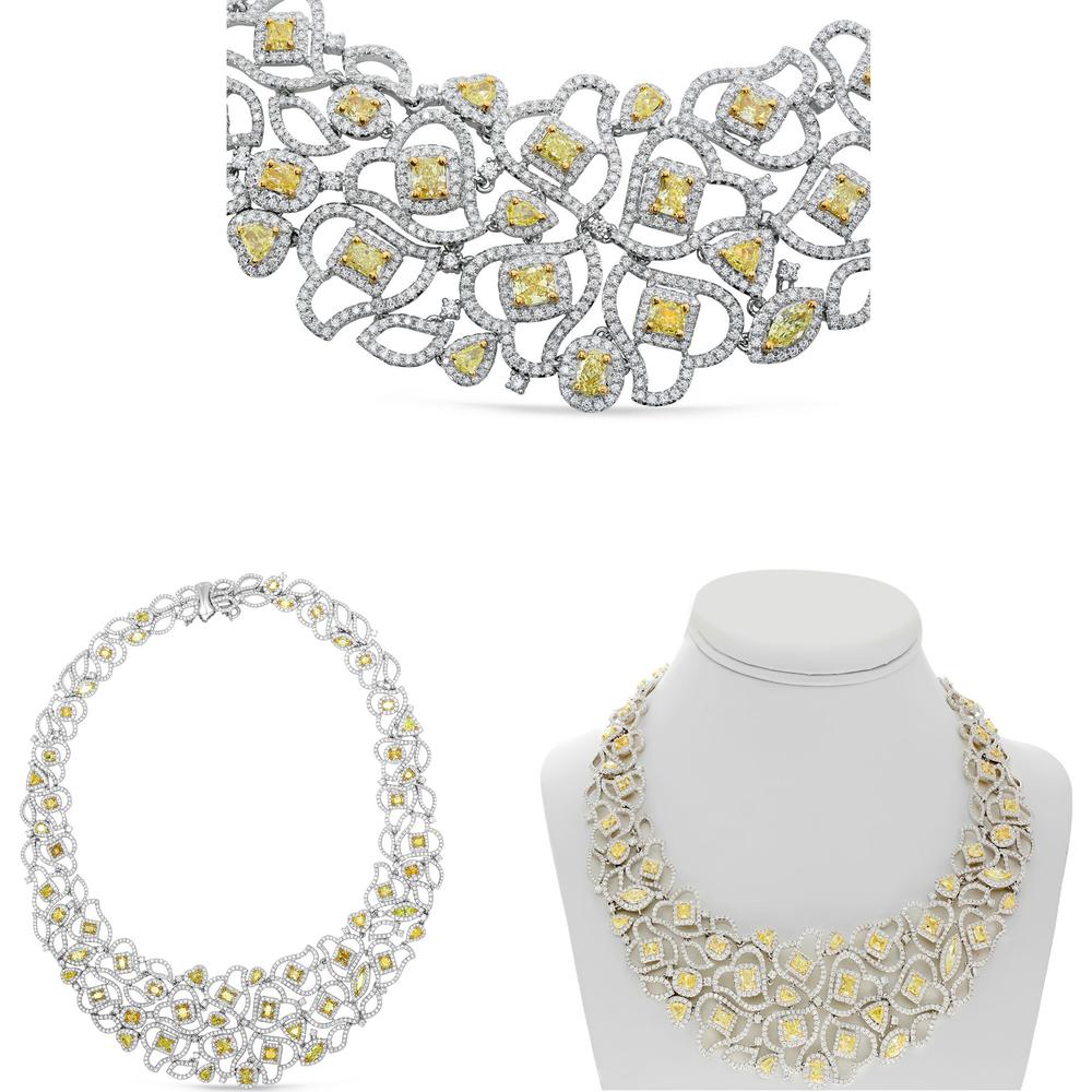 Roman & Jules - 18K White & Yellow Gold Necklace with Fancy Yellow Diamonds and White Diamond Halo - 20.74 Carat Total Diamond Weight