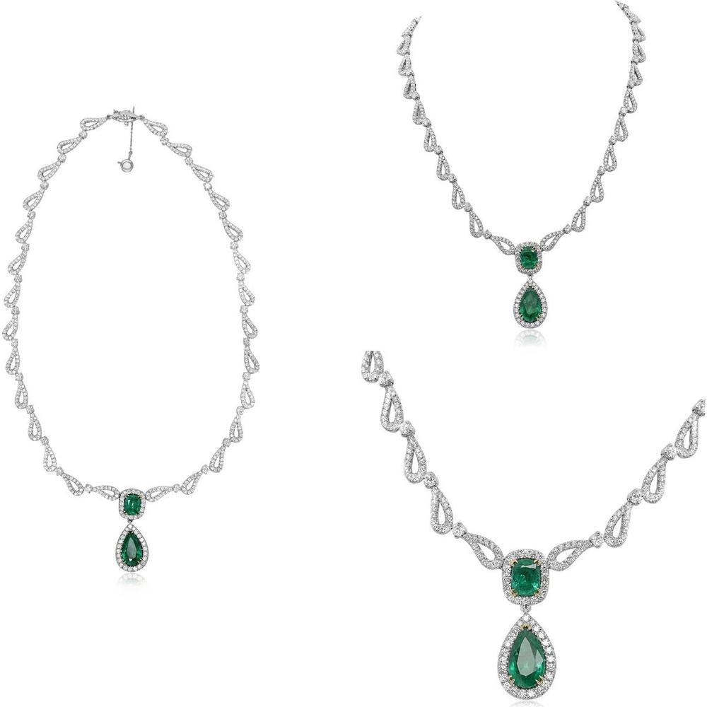 Roman & Jules - 18K White & Yellow Gold Ornate Emerald Drop Necklace with Round Diamond Halo - 5.50 Carat Emerald, 7.19 Carat Total Diamond Weight