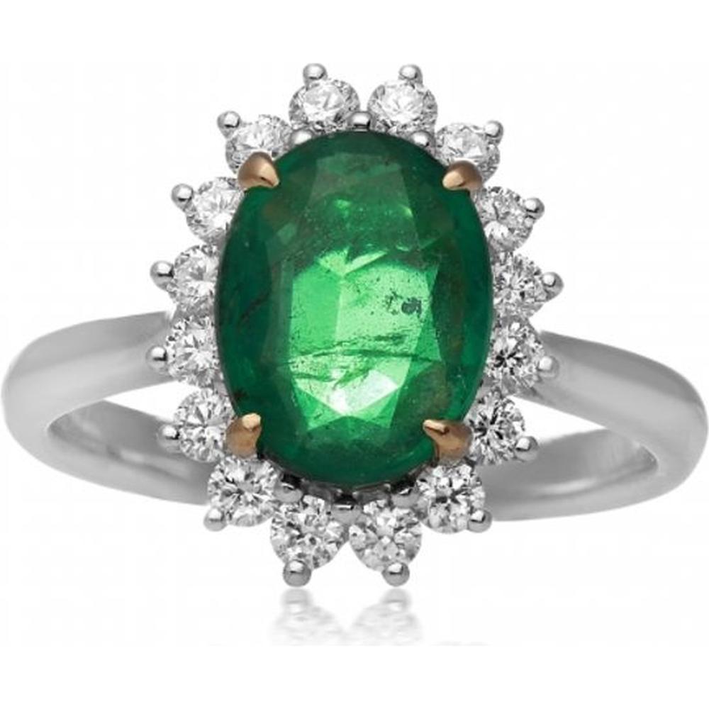 Roman & Jules - 18K White and Yellow Gold Oval Emerald Halo Ring with Round Diamonds - 2.03 Carat Emerald, 0.55 Carat Total Diamond Weight