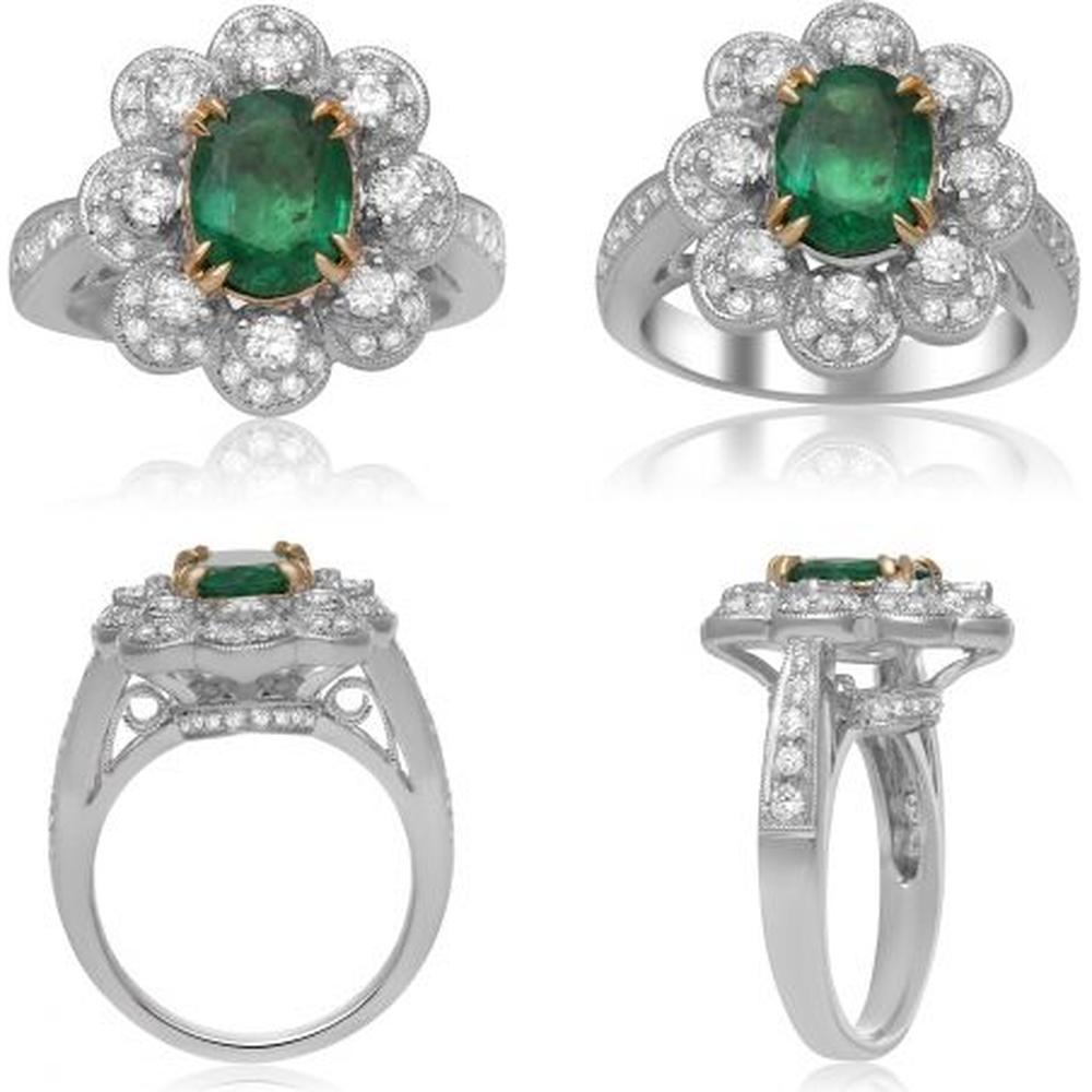 Roman & Jules - 18K White and Yellow Gold Oval Emerald Ring with Diamond Halo - 1.55 Carat Total Gemstone Weight