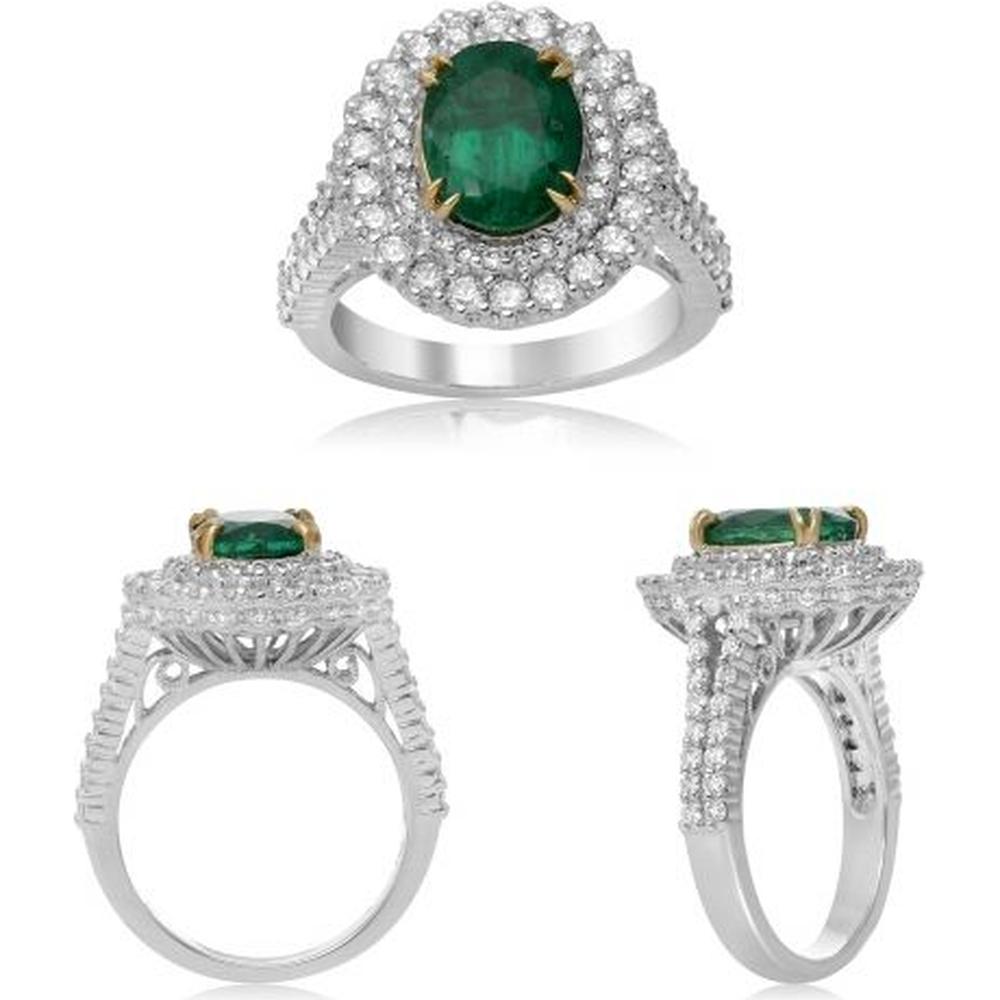 Roman & Jules - 18K White and Yellow Gold Oval Emerald Ring with Diamond Halo - 2.33 Carat Emerald, 1.29 Carat Total Diamond Weight