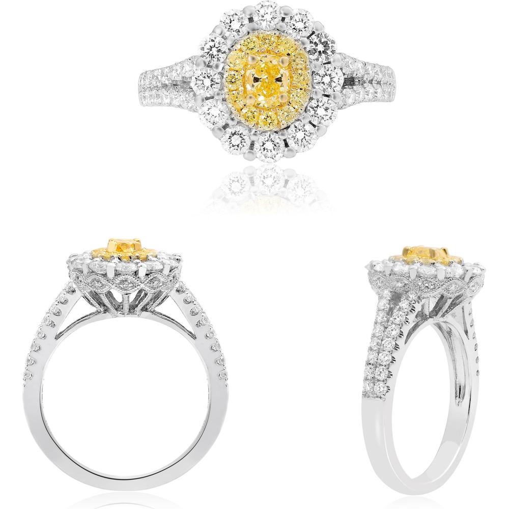 Roman & Jules - 18K White and Yellow Gold Oval Fancy Yellow Diamond Double Halo Ring with Round White Diamonds - 1.62 Carat Total Diamond Weight
