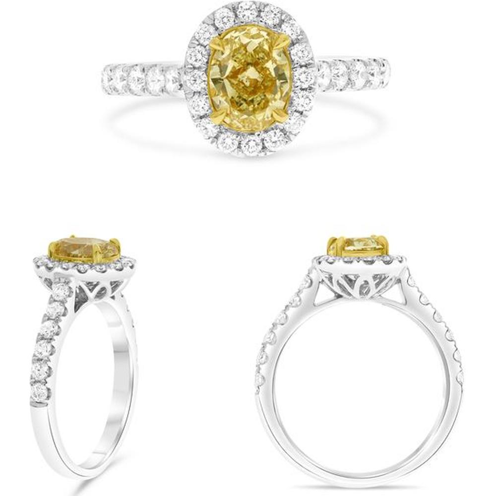 Roman & Jules - 18K White and Yellow Gold Oval Fancy Yellow Diamond Halo Ring - 1.28 Carat Total Diamond Weight