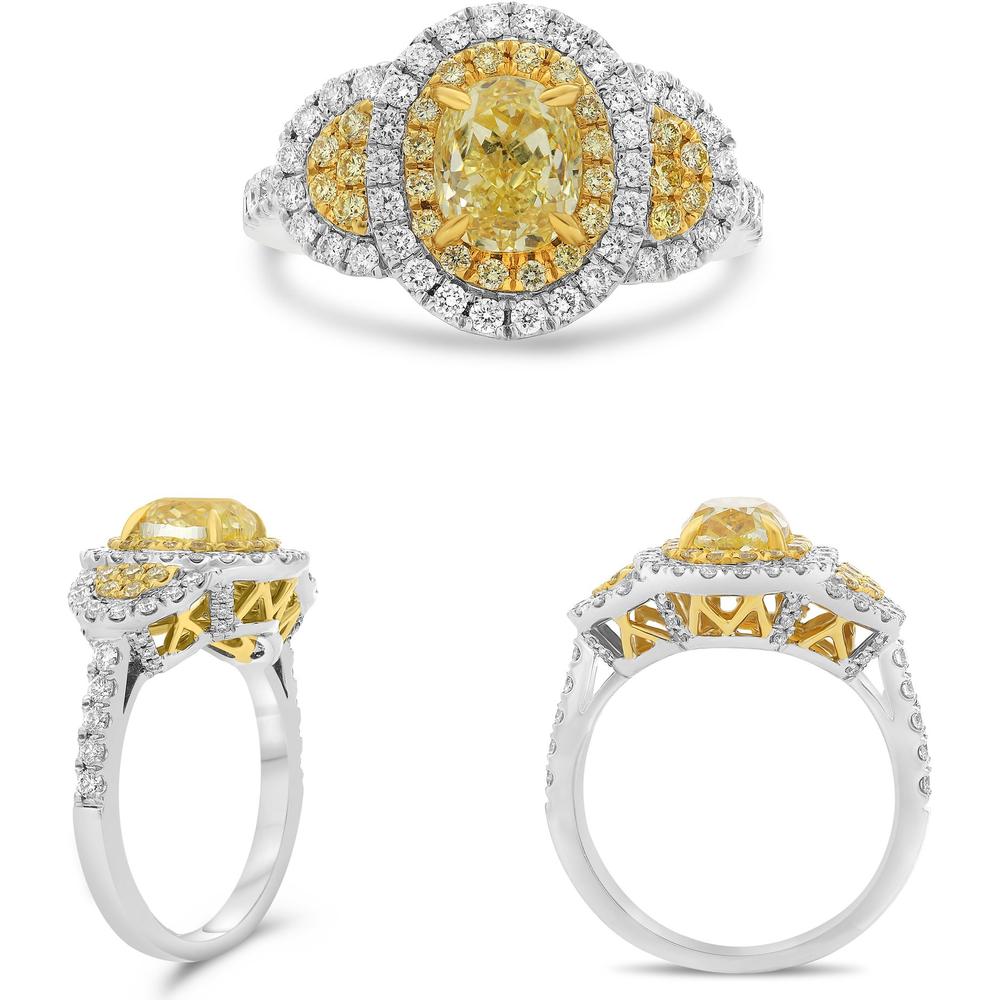 Roman & Jules - 18K White and Yellow Gold Oval Fancy Yellow Diamond Halo Ring with 0.62 Carat Round White Diamonds - 1.03 Carat Total Yellow Diamond Weight