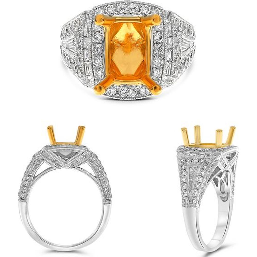 Roman & Jules - 18K White and Yellow Gold Oval Fancy Yellow Diamond Halo Ring with Round and Baguette Diamonds - 1.39 Carat Total Diamond Weight