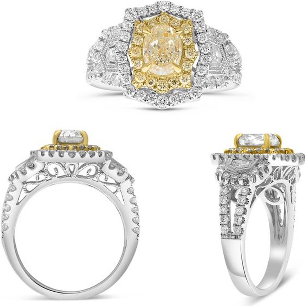 Roman & Jules - 18K White and Yellow Gold Oval Fancy Yellow Diamond Halo Ring with Round Diamond Accents - 1.10 Carat Total Diamond Weight