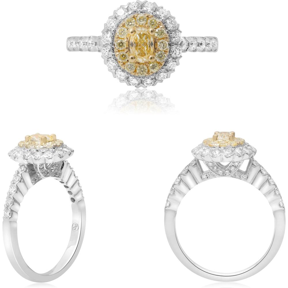 Roman & Jules - 18K White and Yellow Gold Oval Fancy Yellow Diamond Halo Ring with Round Diamonds - 0.62 Carat Total Diamond Weight