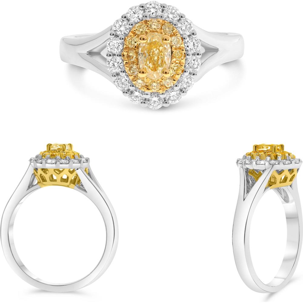 Roman & Jules - 18K White & Yellow Gold Oval Fancy Yellow Diamond Halo Ring with Round Diamonds - 0.80 Carat Total Diamond Weight