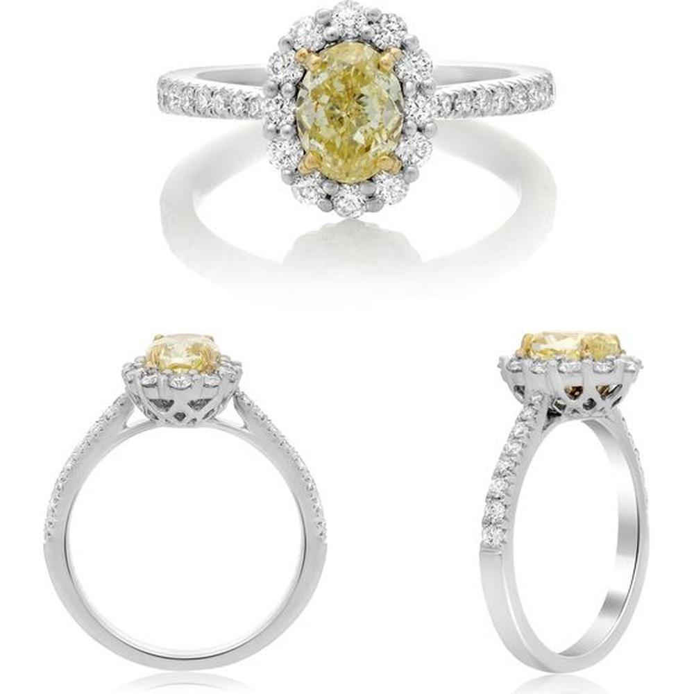 Roman & Jules - 18K White and Yellow Gold Oval Fancy Yellow Diamond Halo Ring with Round Diamonds - 1.62 Carat Total Diamond Weight