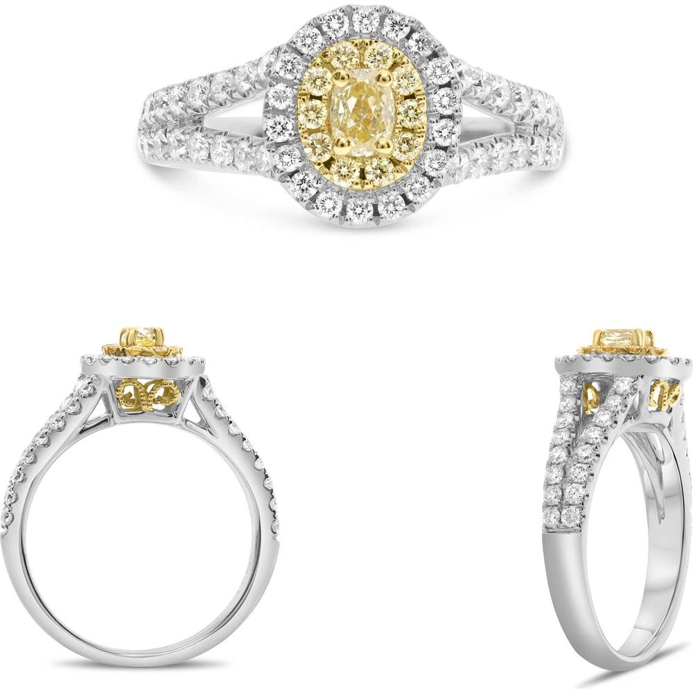 Roman & Jules - 18K White and Yellow Gold Oval Fancy Yellow Diamond Halo Ring with Round White and Yellow Diamonds - 1.15 Carat Total Diamond Weight