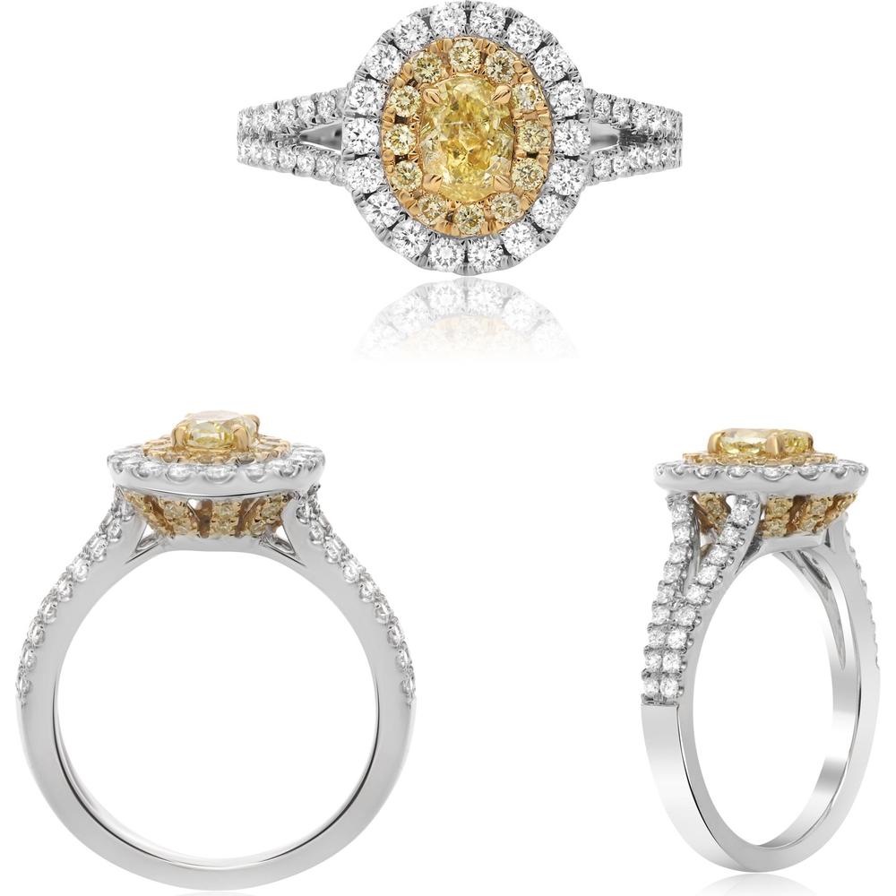 Roman & Jules - 18K White and Yellow Gold Oval Fancy Yellow Diamond Halo Ring with Round White Diamonds - 1.68 Carat Total Diamond Weight