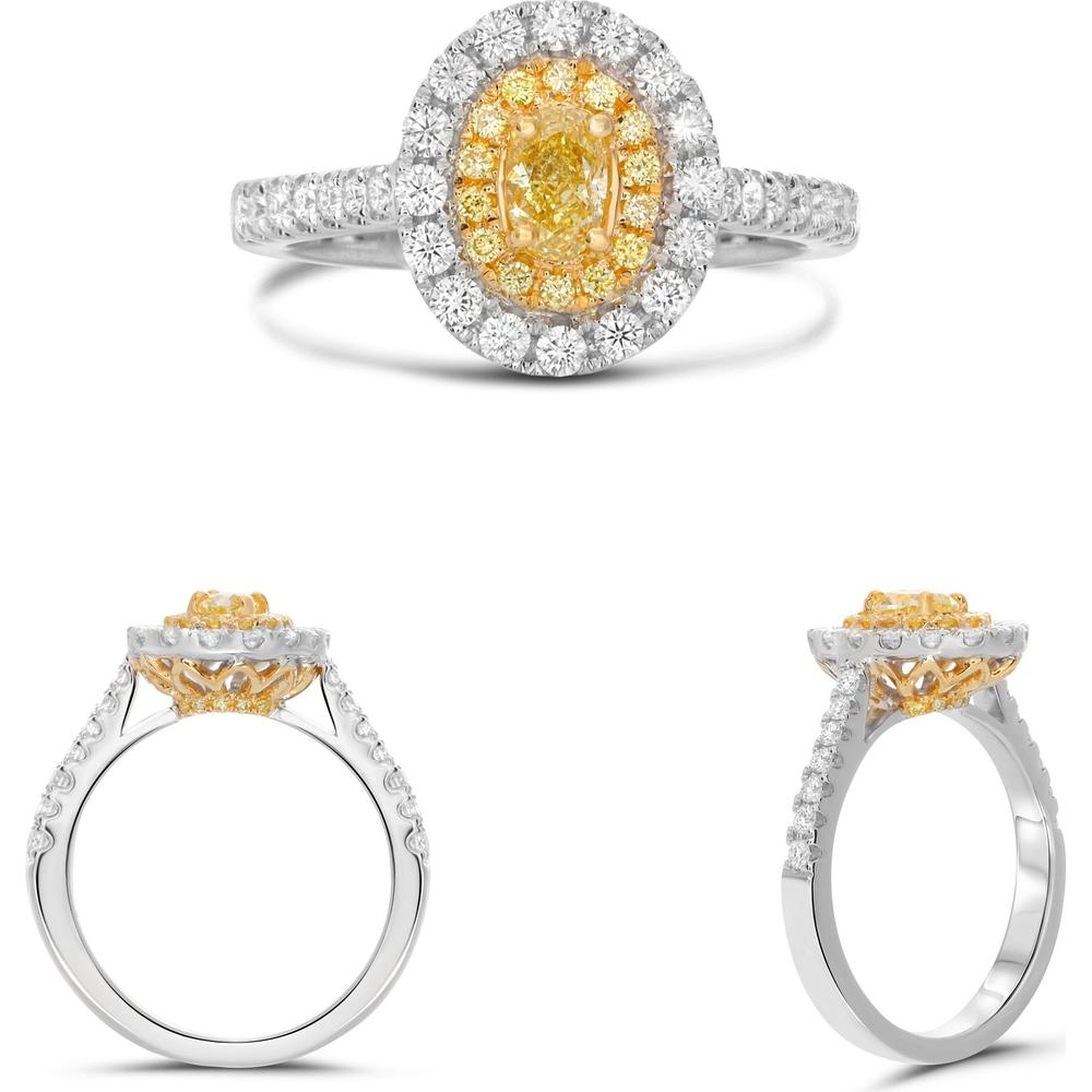 Roman & Jules - 18K White and Yellow Gold Oval Fancy Yellow Diamond Halo Ring with White Diamonds - 1.10 Carat Total Diamond Weight