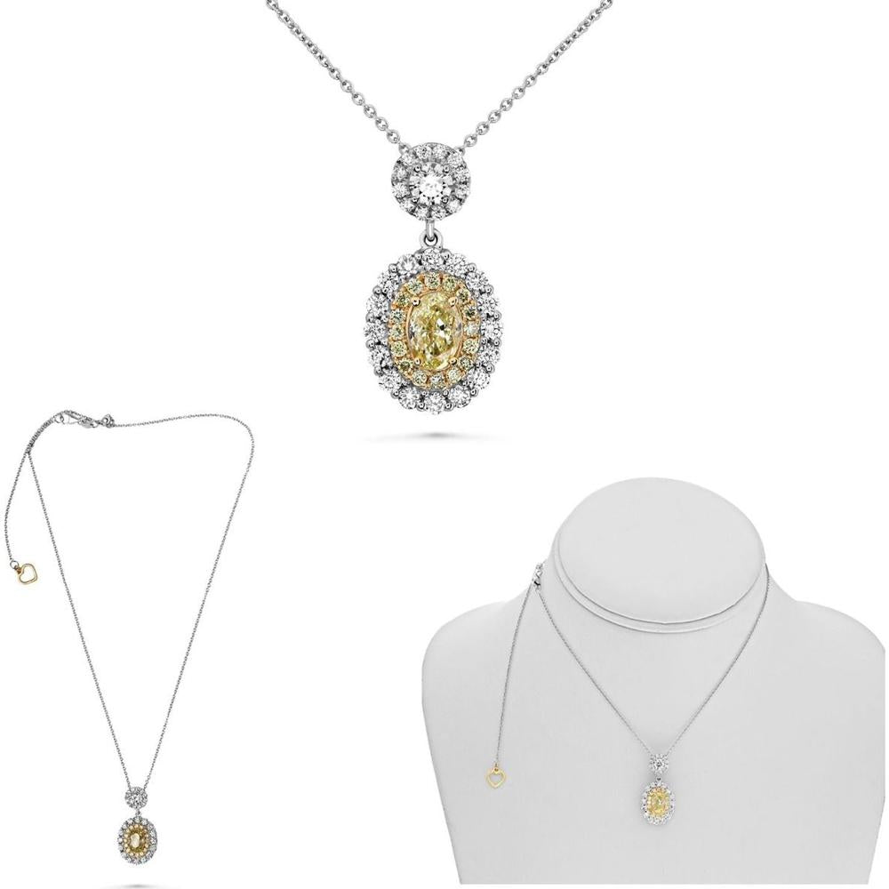 Roman & Jules - 18K White and Yellow Gold Oval Fancy Yellow Diamond Necklace with Round Diamonds - 1.58 Carat Total Diamond Weight