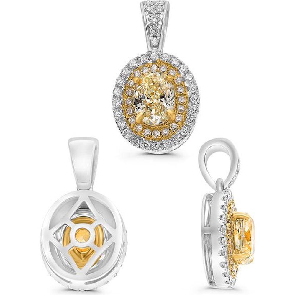 Roman & Jules - 18K White & Yellow Gold Oval Fancy Yellow Diamond Pendant with Round Diamond Halo - 1.0 Carat Total Diamond Weight
