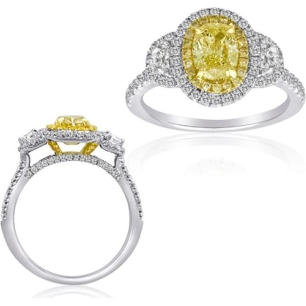 Roman & Jules - 18K White and Yellow Gold Oval Fancy Yellow Diamond Ring with Diamond Halo - 1.59 Carat Total Diamond Weight
