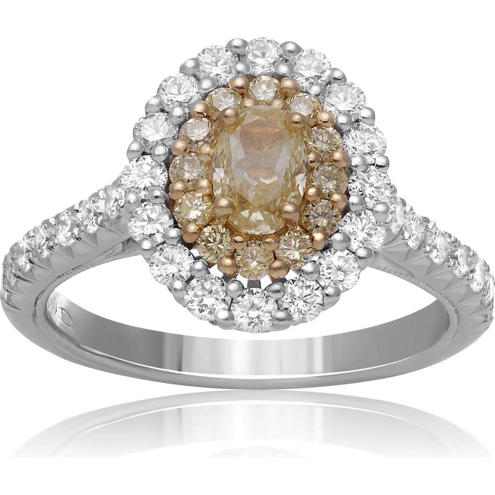 Roman & Jules - 18K White and Yellow Gold Oval Fancy Yellow Diamond Ring with Double Halo of Round Diamonds - 1.27 Carat Total Diamond Weight