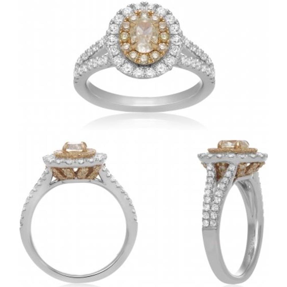 Roman & Jules - 18K White and Yellow Gold Oval Fancy Yellow Diamond Ring with Double Halo of Round Diamonds - 1.62 Carat Total Diamond Weight