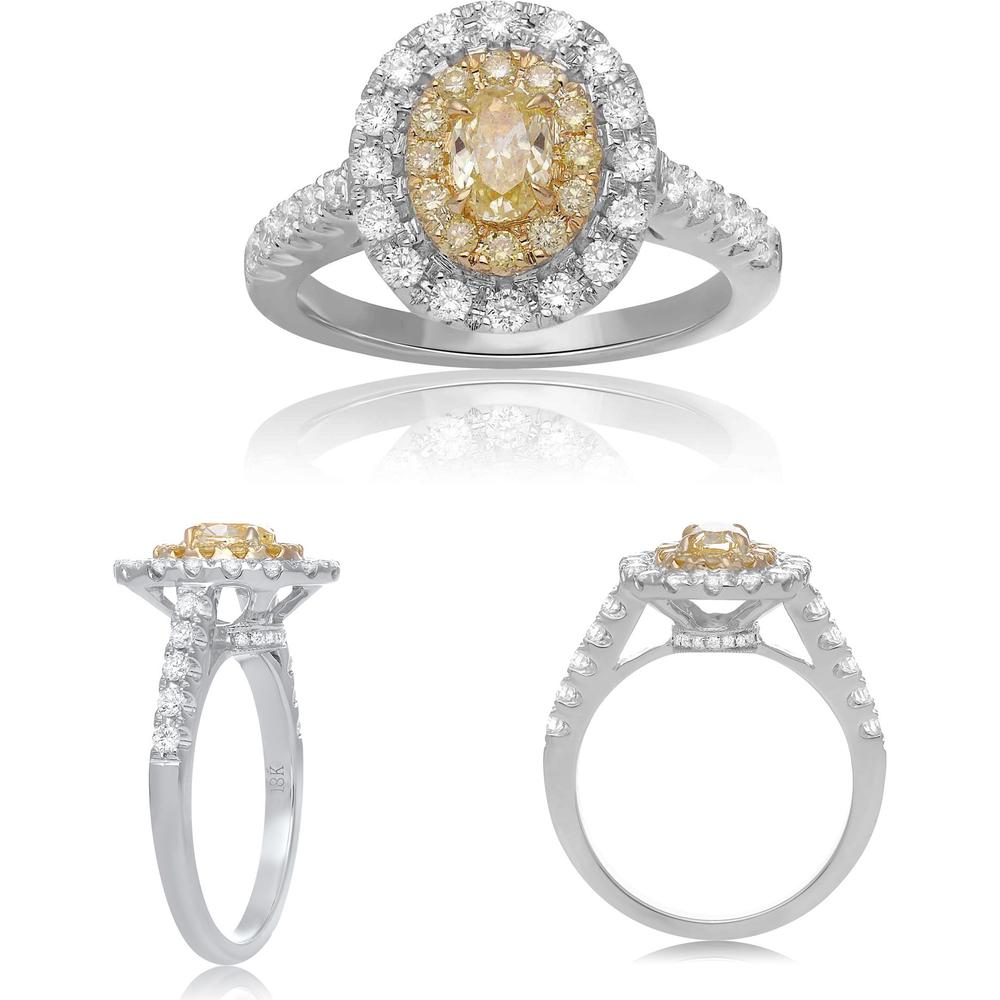 Roman & Jules - 18K White and Yellow Gold Oval Fancy Yellow Diamond Ring with Halo - 1.19 Carat Total Diamond Weight
