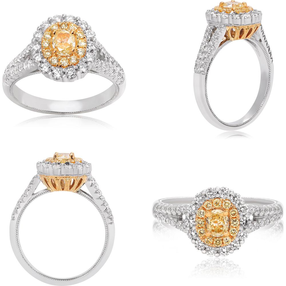 Roman & Jules - 18K White and Yellow Gold Oval Fancy Yellow Diamond Ring with Round and Oval Diamonds - 0.61 Carat Total Diamond Weight