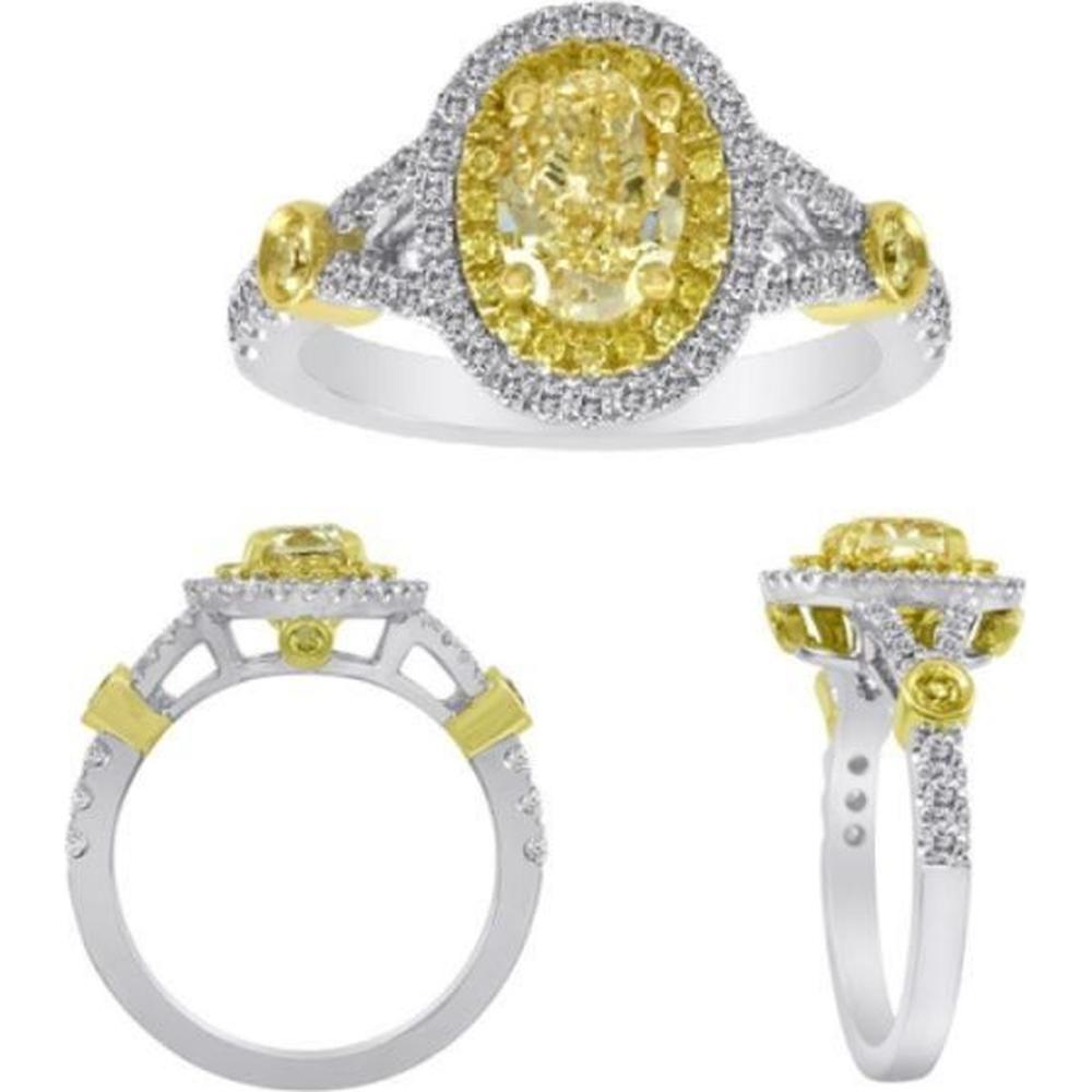 Roman & Jules - 18K White and Yellow Gold Oval Fancy Yellow Diamond Ring with Round Diamond Double Halo - 0.62 Carat Fancy Yellow Diamond and 0.57 Carat Round Diamonds